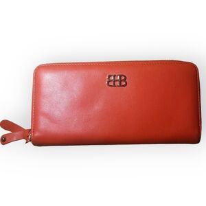 Bosca Red Leather Zip Around Wallet RFID Gold Logo Continental Style